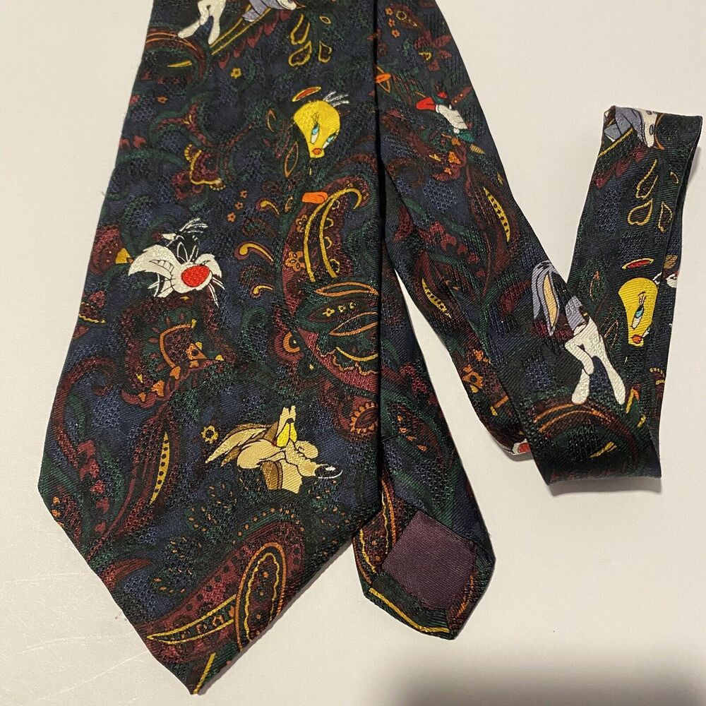 Vintage Looney Tunes Silk Tie Warner Bro Taz Daffy Bugz Sylvester 90s Business